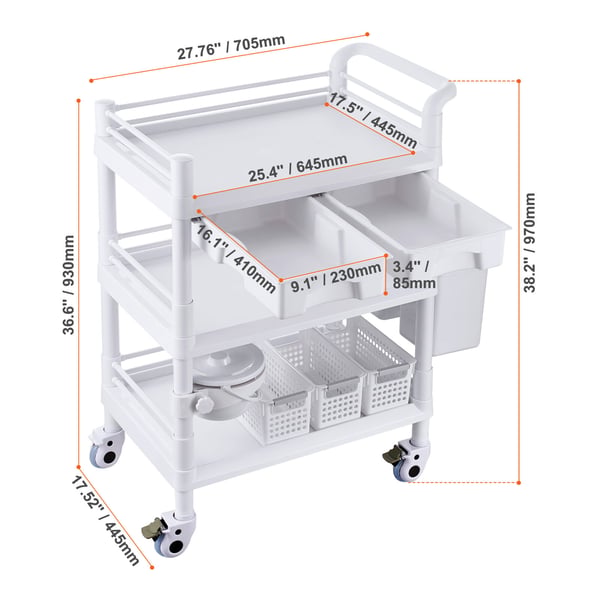 Laboratorievogn, 3 niveauer, 70,5x44,5x97 cm, hvid, opbevaring