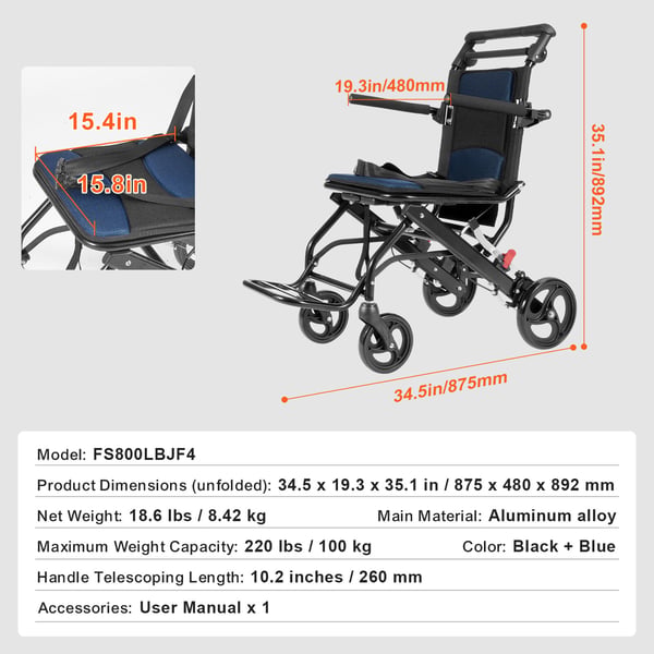 Kørestol, Transportstol i aluminium, 87,5x48x89,2 cm, Sort, Sammenklappelig