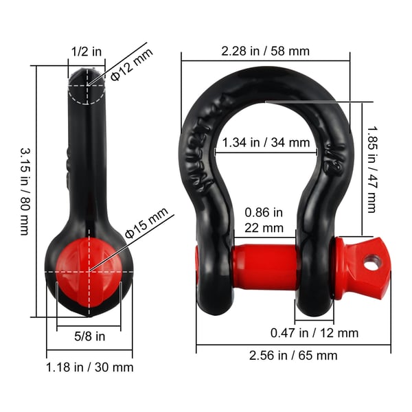 D-Ring Sjækkel 12,7x15,9 mm Sort Rød Legeret Stål Sæt