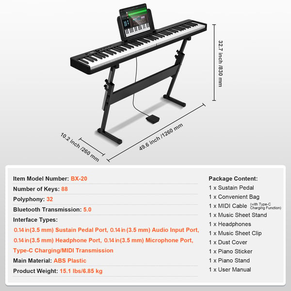 Digitaalinen piano, 88-koskettiminen taitettava koskettimisto, 126x26x83 cm, musta, kannettava
