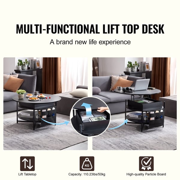 Sofabord, 90x90x51 cm, Sort, Justerbar opbevaring