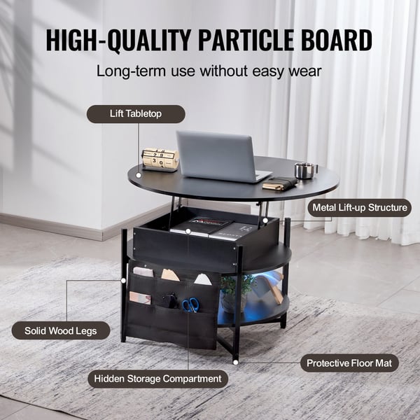 Sofabord, 90x90x51 cm, Sort, Justerbar opbevaring