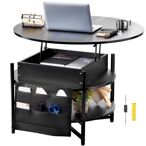 Sofabord, 90x90x51 cm, Sort, Justerbar opbevaring