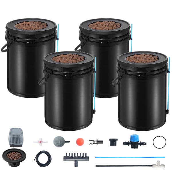 Hydroponisk dyrkningssystem, Deep Water Culture 4 spande 30x30x38 cm, Sort, PP-materiale