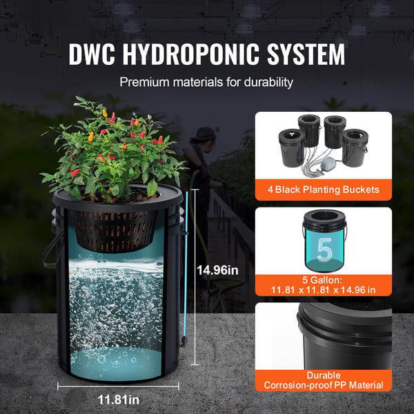 Hydroponisk dyrkningssystem, Deep Water Culture 4 spande 30x30x38 cm, Sort, PP-materiale