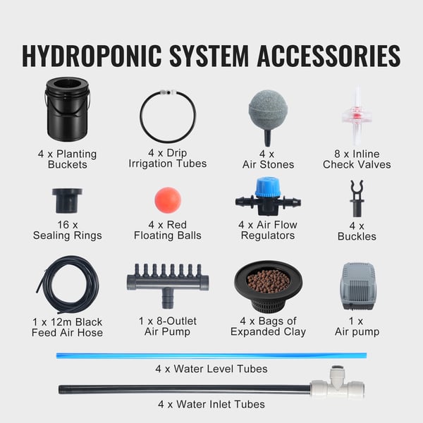 Hydroponisk dyrkningssystem, Deep Water Culture 4 spande 30x30x38 cm, Sort, PP-materiale