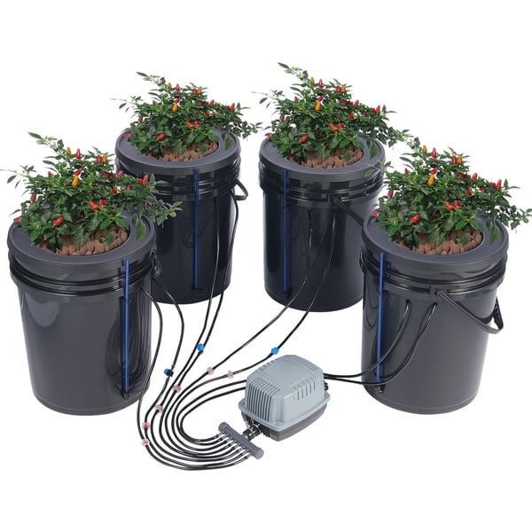 Hydroponisk dyrkningssystem, Deep Water Culture 4 spande 30x30x38 cm, Sort, PP-materiale