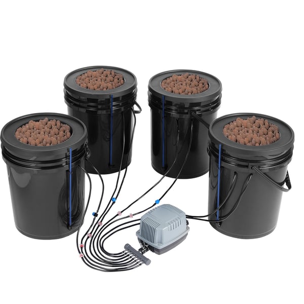 Hydroponisk dyrkningssystem, Deep Water Culture 4 spande 30x30x38 cm, Sort, PP-materiale