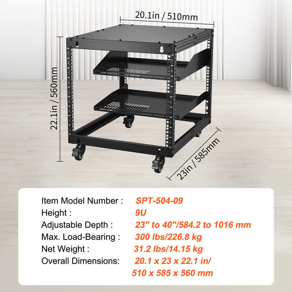 Server Rack, 9U 4-søjlet åbent stel, 58,4x101,6 cm justerbar dybde, stål
