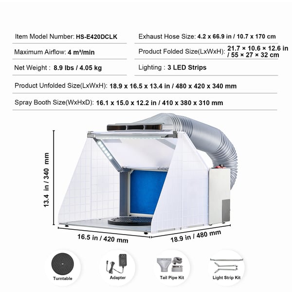 Airbrush sprøjtekabine, 48x42x34 cm, bærbar, LED-lys, udsugningsventilator