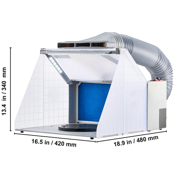 Airbrush sprøjtekabine, 48x42x34 cm, bærbar, LED-lys, udsugningsventilator