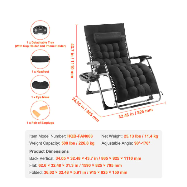 Zero Gravity-stol, 159x82,5x79,5 cm, Svart, Justerbar vilstol