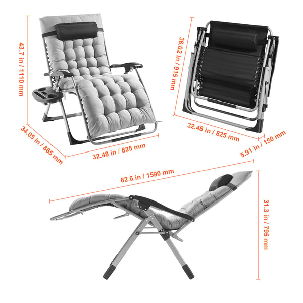 Zero Gravity Stol, 86.5x82.5x111 cm, Grå, Justerbar Liggestol