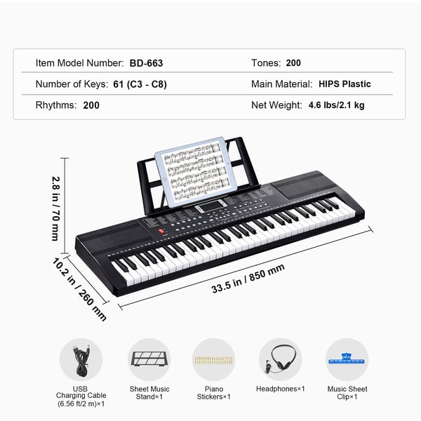 Digitalt keyboardklaver, 61 tangenter, 85x26x7 cm, bærbart elektrisk klaver