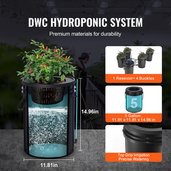 Hydroponiskt system, Recirkulerande Deep Water Culture 4 hinkar, 30x30x38 cm, Svart, PP-material
