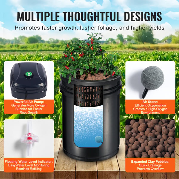 Hydroponiskt system, Recirkulerande Deep Water Culture 4 hinkar, 30x30x38 cm, Svart, PP-material