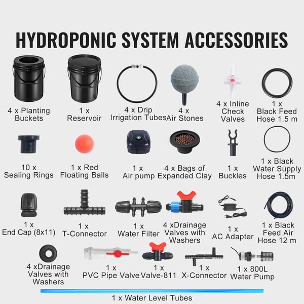 Hydroponiskt system, Recirkulerande Deep Water Culture 4 hinkar, 30x30x38 cm, Svart, PP-material