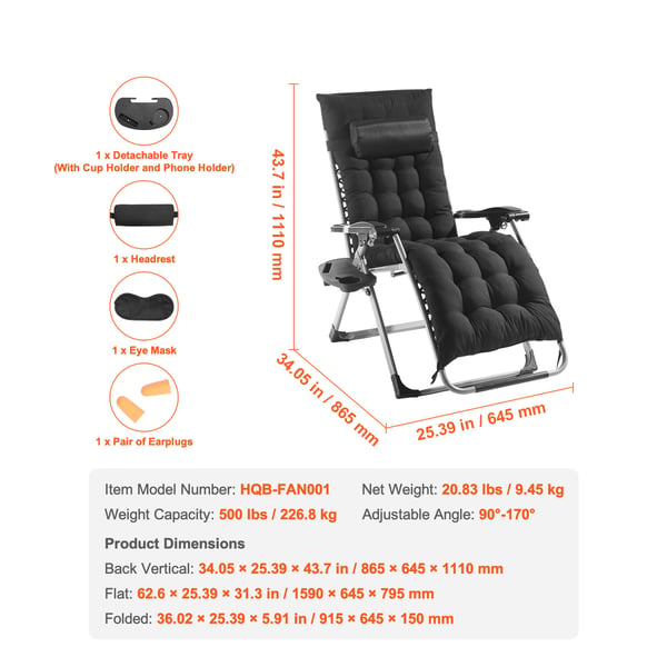 Zero Gravity-stol 86,5x64,5x111 cm svart, Recliner loungestol