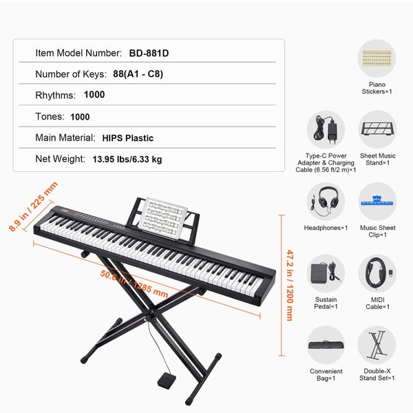 Digitaalinen pianokoskettimisto, 88 koskettimen puolipainotettu, 128,5x22,5x120 cm, musta, sähköinen koskettimisto