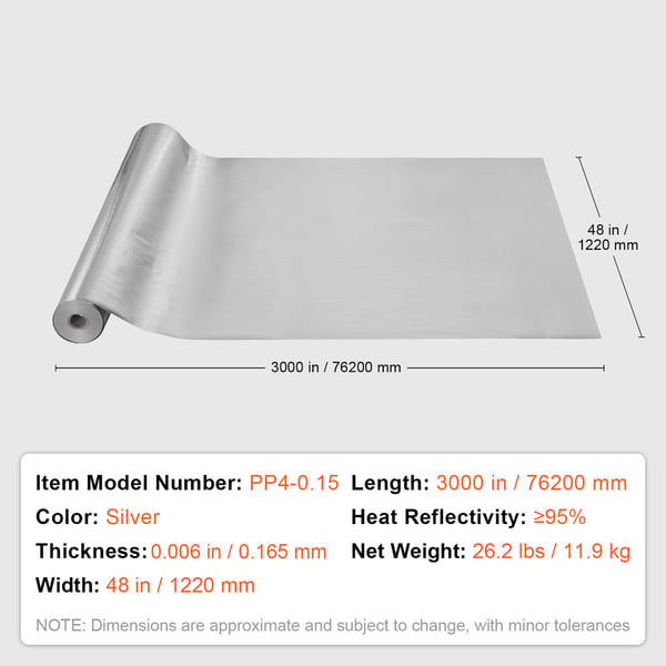 Termisk isoleringsrulle, 122x7620 cm, sølv, aluminiumsfolie vævet stof