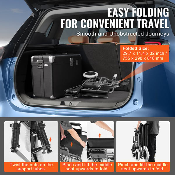 Kørestol, foldbar transportstol i kulstofstål, 104,5x77x91,8 cm, sort
