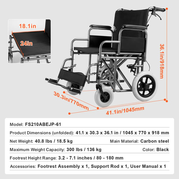 Kørestol, foldbar transportstol i kulstofstål, 104,5x77x91,8 cm, sort