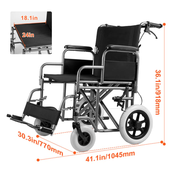 Kørestol, foldbar transportstol i kulstofstål, 104,5x77x91,8 cm, sort