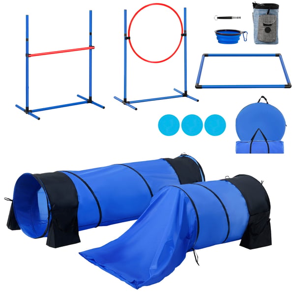 Hund Agility Træningssæt, 7 dele, Justerbare Forhindringer og Tunneler, PVC