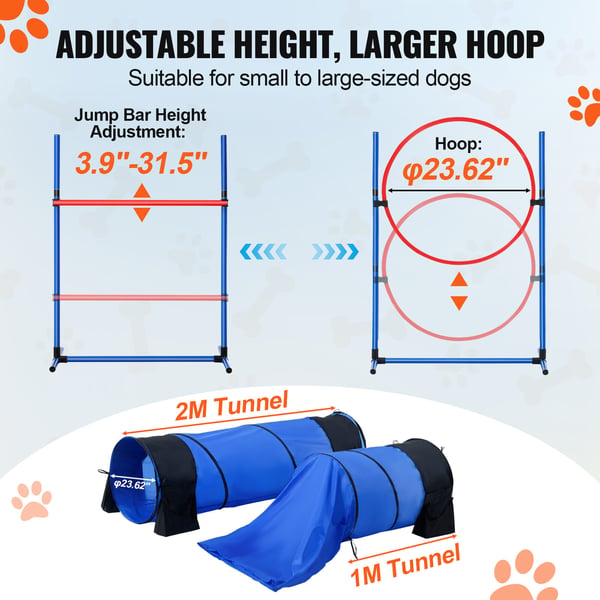 Hund Agility Træningssæt, 7 dele, Justerbare Forhindringer og Tunneler, PVC