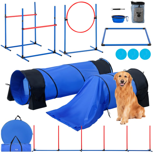 Hund Agility Træningssæt, 7 dele, Justerbare Forhindringer og Tunneler, PVC