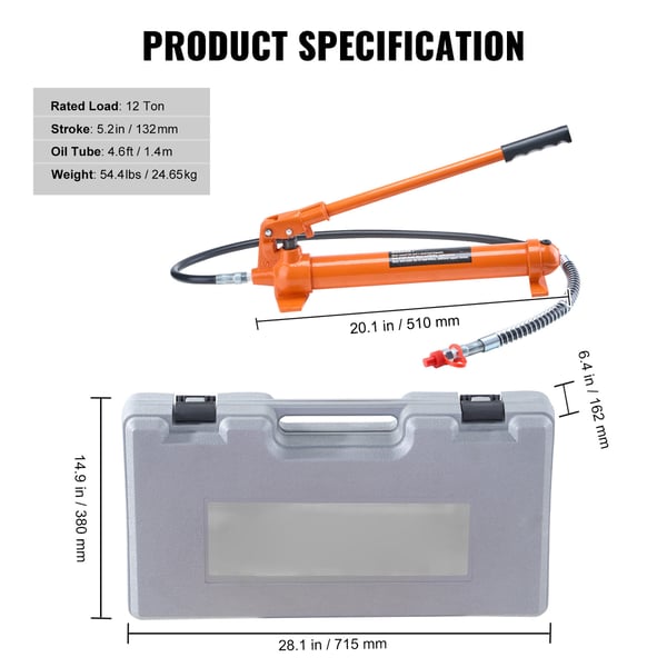 Hydraulisk domkraftssats, 12 ton Porta Power, 132 mm slaglängd, orange, förvaringsväska