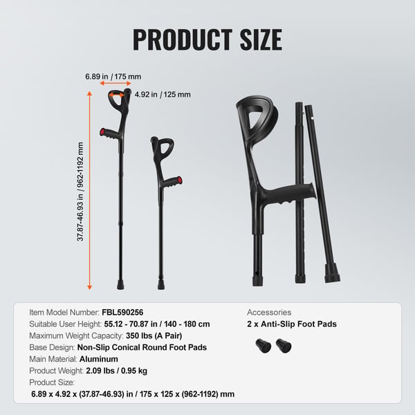 Underarmskryckor, 17,5x12,5x96,2-119,2 cm, Justerbara, Aluminium