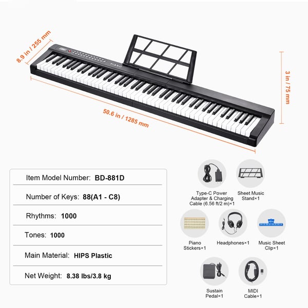 Digitalt klaver, 88-tangenters semi-vægtet keyboard, 128,5x22,5x7,5 cm, bærbar