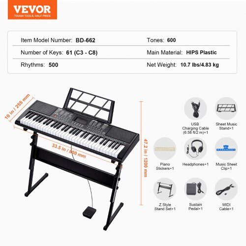 Digitalt Keyboardpiano, 61 tangenter, 85x25,5x120 cm, Justerbart stativ, Elektriskt