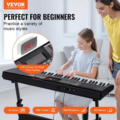 Digitalt Keyboardpiano, 61 tangenter, 85x25,5x120 cm, Justerbart stativ, Elektriskt