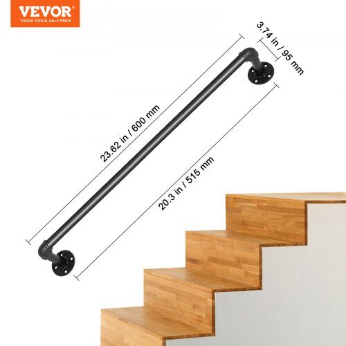 Trappegelænder, 61 cm, Sort, Kulstofstål