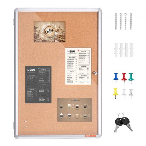 Lukket opslagstavle i kork, 90x60x3.3 cm, låsbar, aluminiumsramme