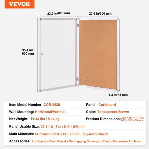 Lukket opslagstavle i kork, 90x60x3.3 cm, låsbar, aluminiumsramme