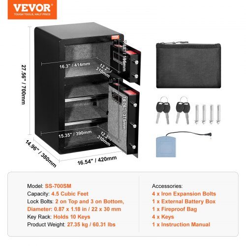 Pengeskab, 4.5 cu.ft, 70x42x38 cm, Sort, Stål