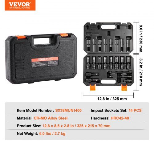 Hylsnyckelsats, 14 delar 10-19 mm, 32,5x21,5x7 cm, Stål, Förvaringsväska