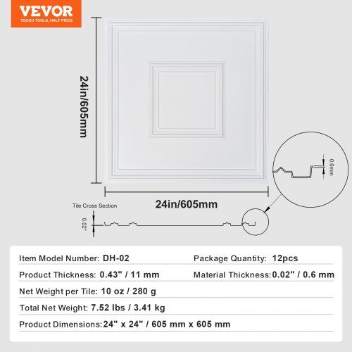 Loftplader, 61x61 cm, Hvid, PVC