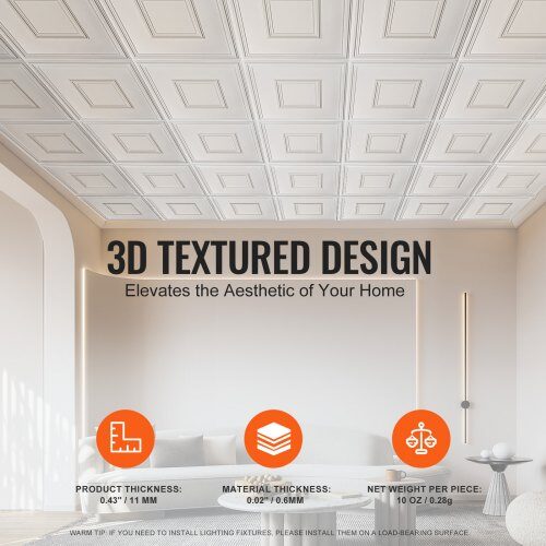 Loftplader, 61x61 cm, Hvid, PVC