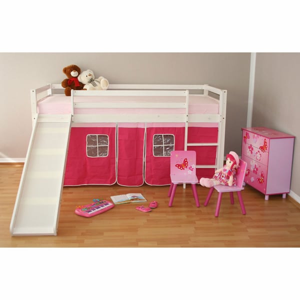 Køjeseng, Home, Solid Fyrtræ Højseng med Gardin og Rutsjebane, 208x110x97 cm, Hvid Pink