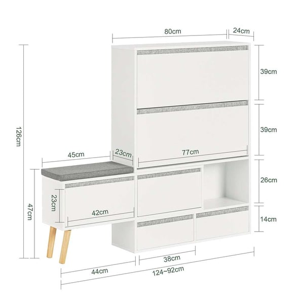 Sko Rack, FSR134-W, Længde 92-124 cm Bredde 24 cm Højde 126 cm, Hvid