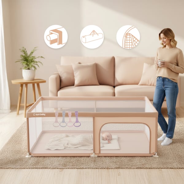 Sun Baby Leikkikehä vaaleanpunaisilla kahvoilla 150x200 cm 0-2 v Lohenpunainen, polyesteri, verkko, vetoketjuovi, liukumattomat jalat, laukku, metallirunko