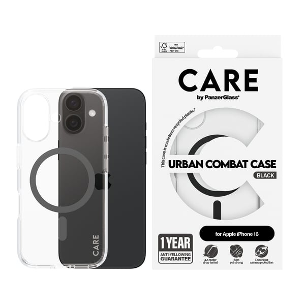 iPhone 16 -kotelo Urban Combat MagSafe Musta Läpinäkyvä