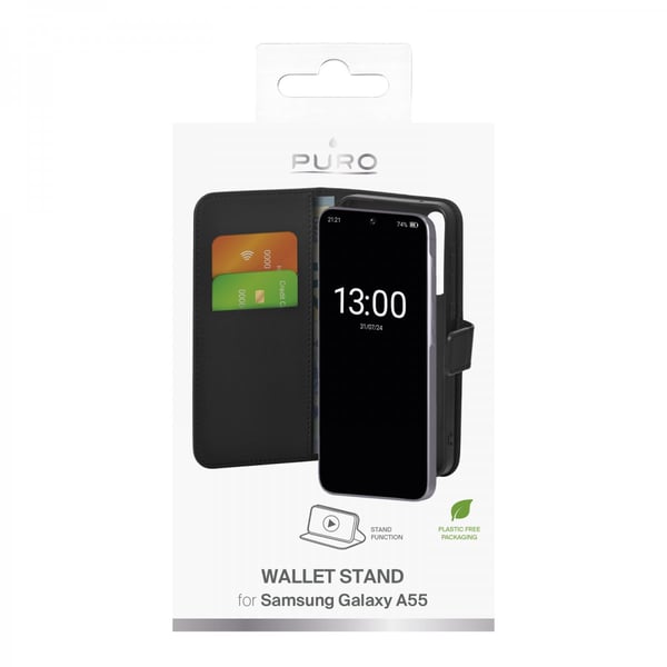 Samsung Galaxy A55 suojakotelo lompakkostandi musta