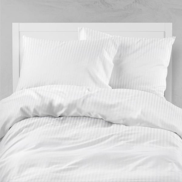 Satiinikangaspeittoset 160×200 valkoisia raitoja 2 cm hotellitaitteella