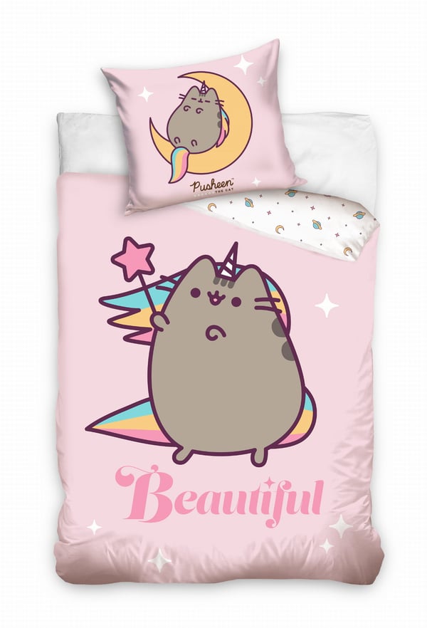 Puuvillainen vuodevaatesetti 140x200 Pusheen Yksisarvinen Vaaleanpunainen