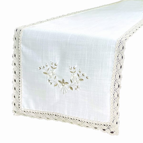 Beige bordslöpare med broderi 40x140 cm elegant linne